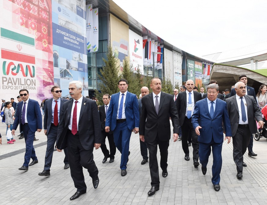 Ilham Aliyev reviews pavilions in Astana