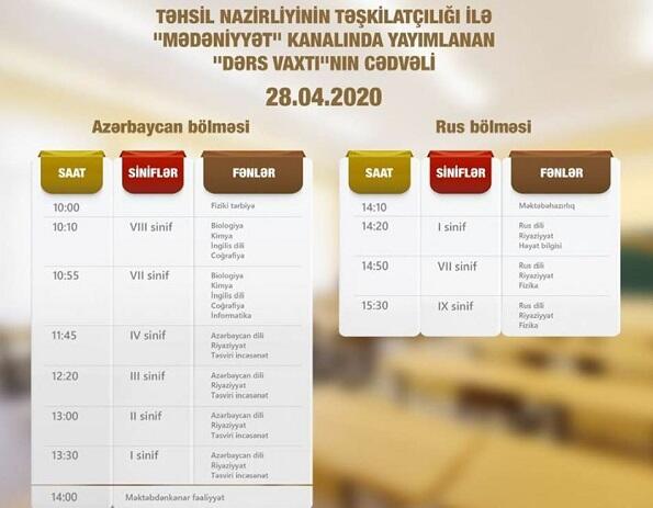 Teledərslərin sabaha olan cədvəli açıqlandı