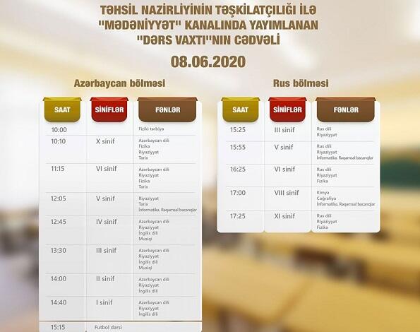 "Dərs vaxtı"nın iyunun 8-nə olan cədvəli açıqlandı