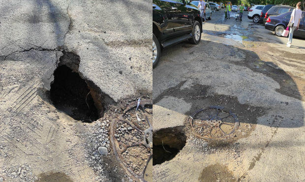 Maşın dövlət qurumunun qazdığı çuxura düşdü - Video