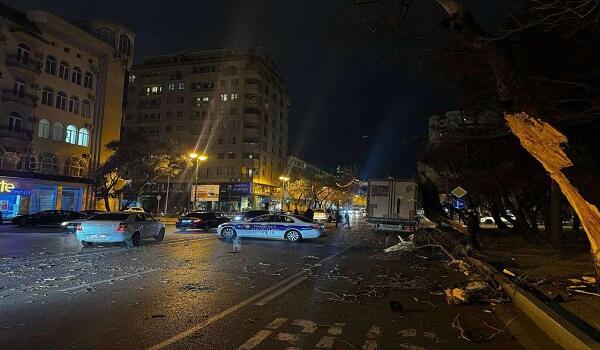 Bakıda yük maşını ağacı aşırtdı, sıxlıq yarandı - Foto