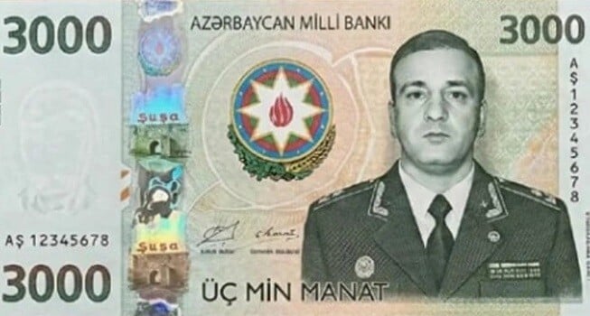 Üzərində Polad Həşimovun şəkli olan 3000 manatlıq əsginas...