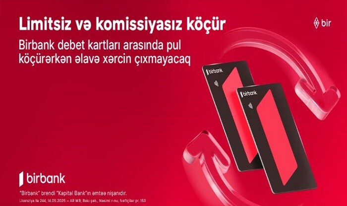 Birbank debet kartları arasında köçürmələr limitsizdir
