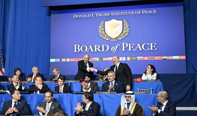 Aliyev and Pashinyan shake hands at Peace Council meeting